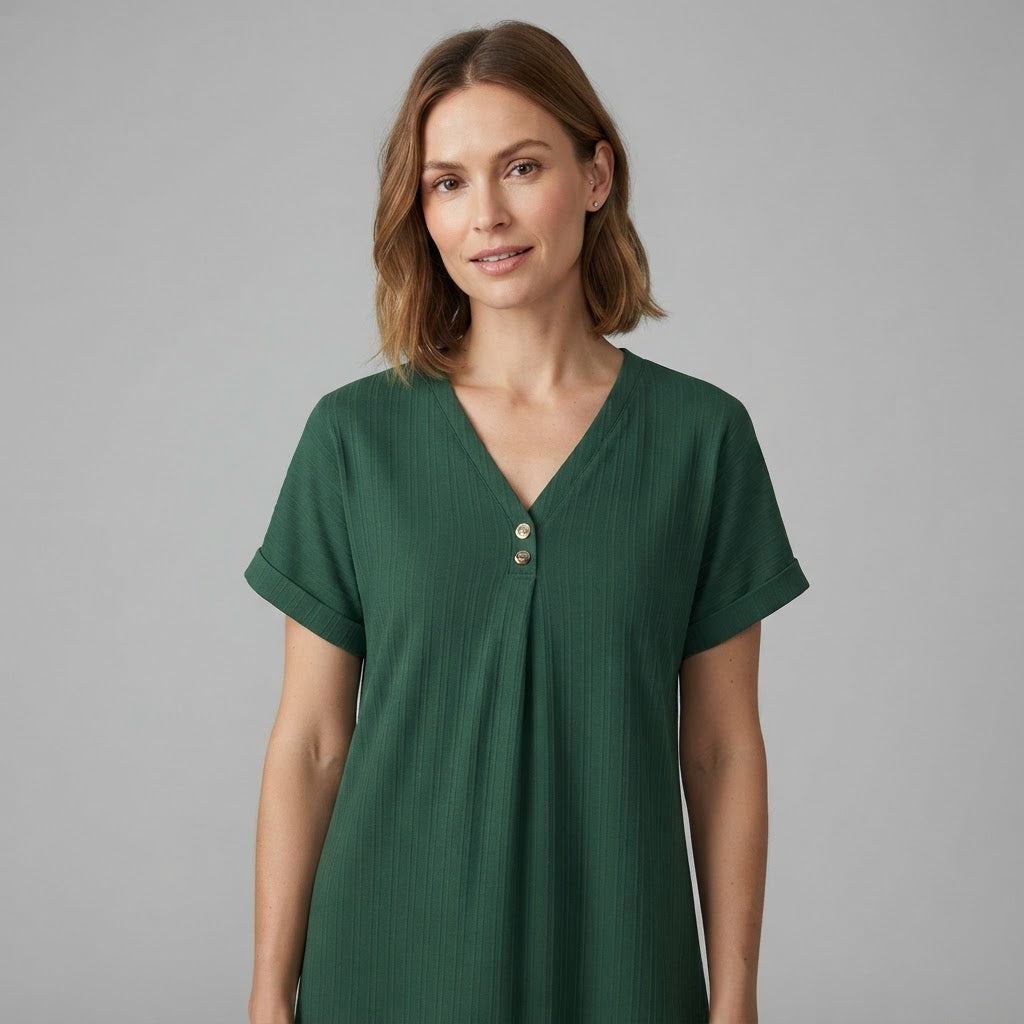 Damenkleid mit V-Ausschnitt und Knopfverschluss