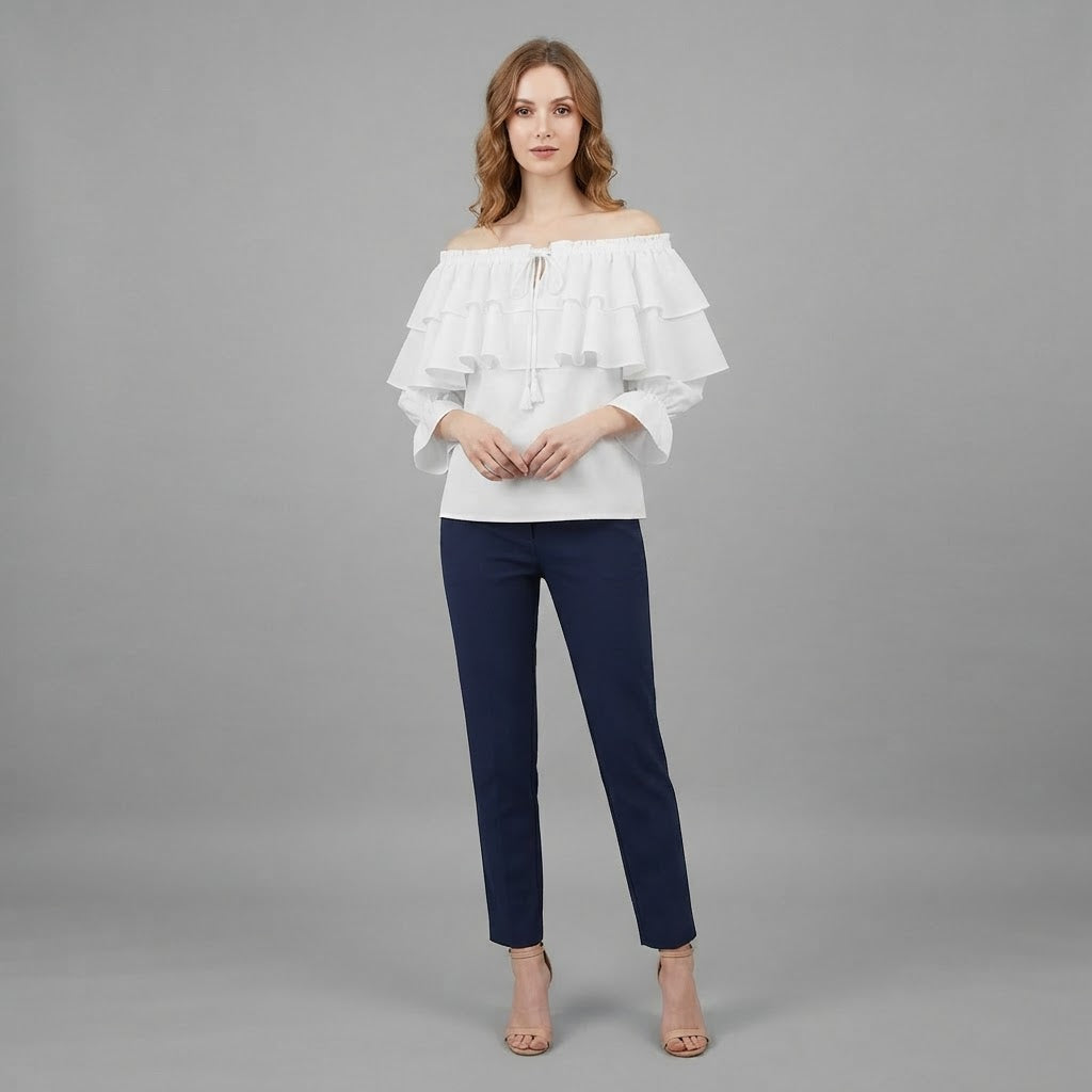 Schulterfreie Rüschenbluse | Langarmshirt für Damen
