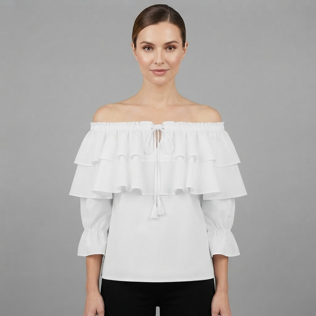 Schulterfreie Rüschenbluse | Langarmshirt für Damen
