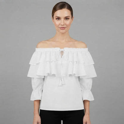 Schulterfreie Rüschenbluse | Langarmshirt für Damen