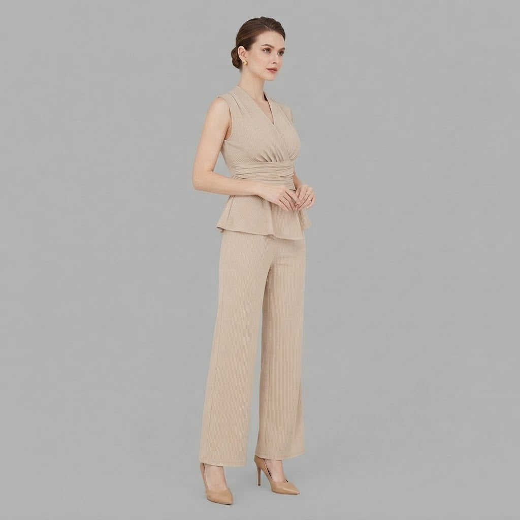 Oberteil mit V-Ausschnitt & Hose mit weitem Bein | Zweiteiliges Set für Damen