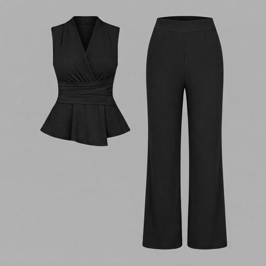 Oberteil mit V-Ausschnitt & Hose mit weitem Bein | Zweiteiliges Set für Damen