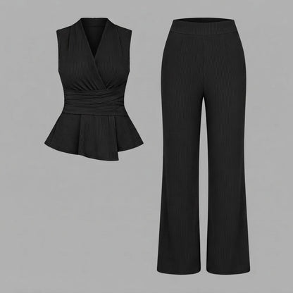 Oberteil mit V-Ausschnitt & Hose mit weitem Bein | Zweiteiliges Set für Damen