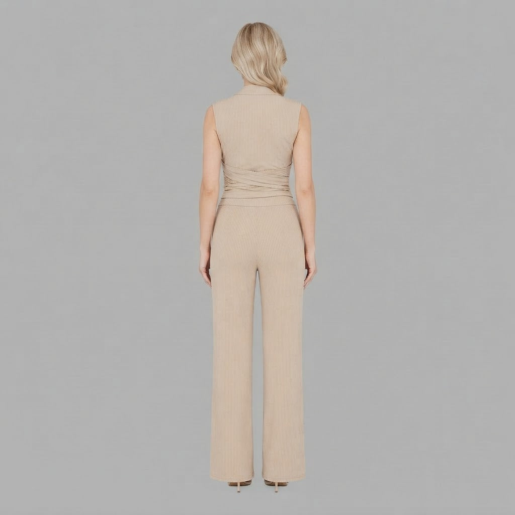 Oberteil mit V-Ausschnitt & Hose mit weitem Bein | Zweiteiliges Set für Damen