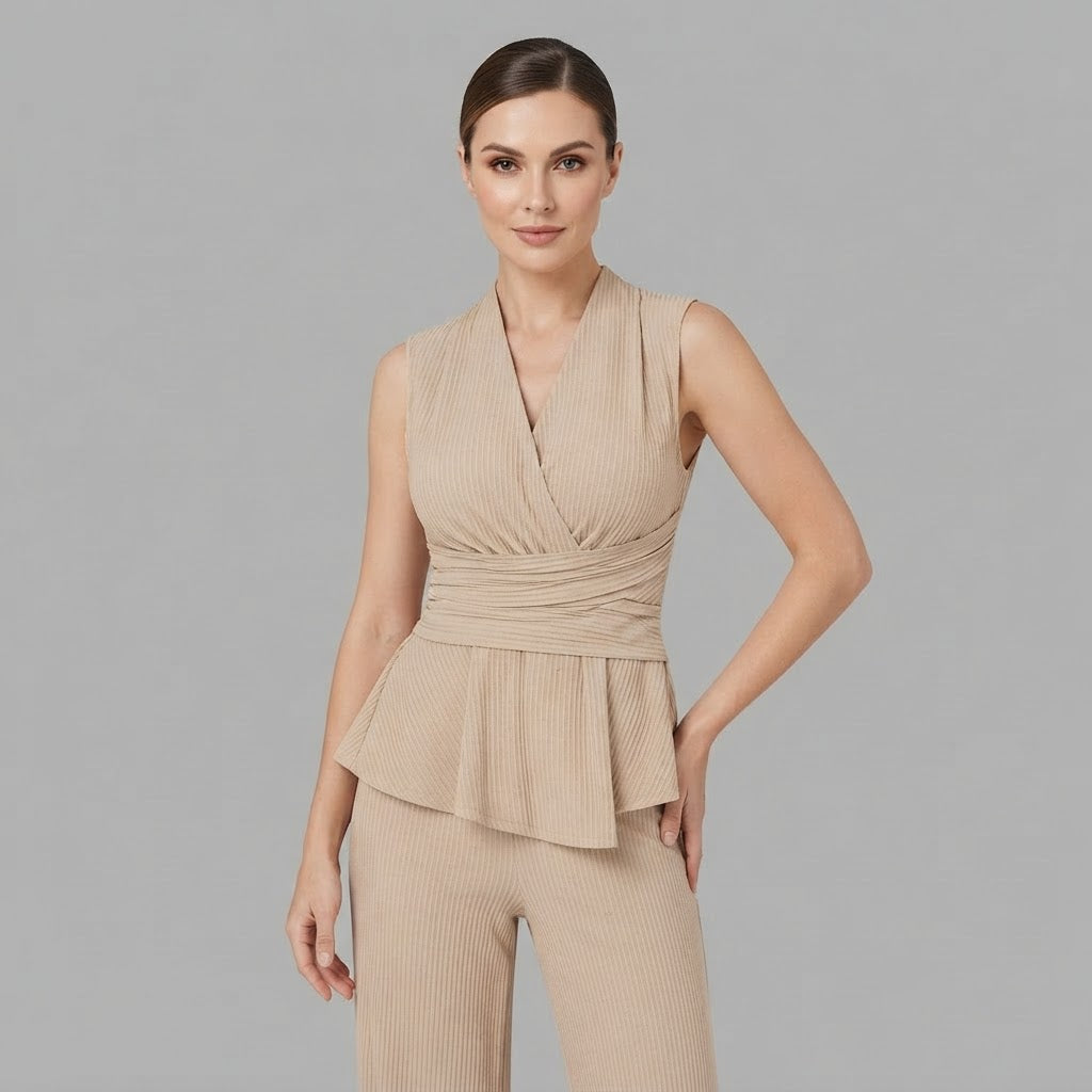 Oberteil mit V-Ausschnitt & Hose mit weitem Bein | Zweiteiliges Set für Damen