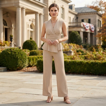 Oberteil mit V-Ausschnitt & Hose mit weitem Bein | Zweiteiliges Set für Damen